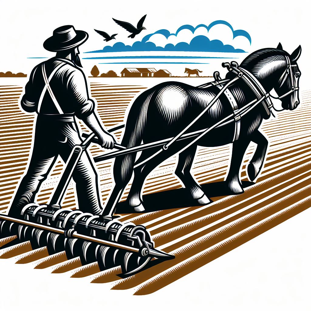 Man tilling a field with mule and plow